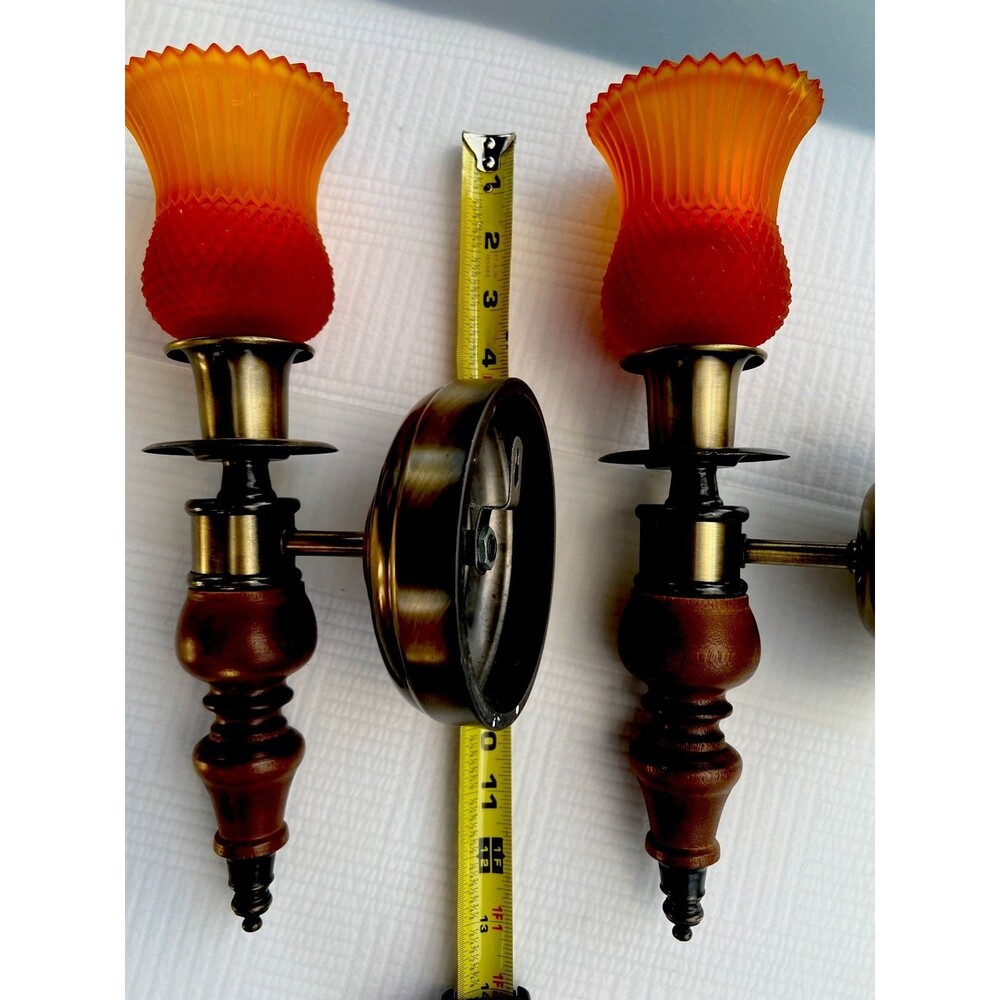 Vintage 1970s Faroy Amberina Glass Wall Sconces Brass Wood Candle Holders Pair